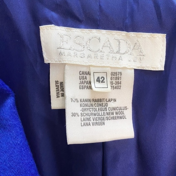 ESCADA MARGARETHA LEY VINTAGE RABBIT NEW WOOL ROYAL BLUE LONG BLAZER JACKET - L - Picture 6 of 10